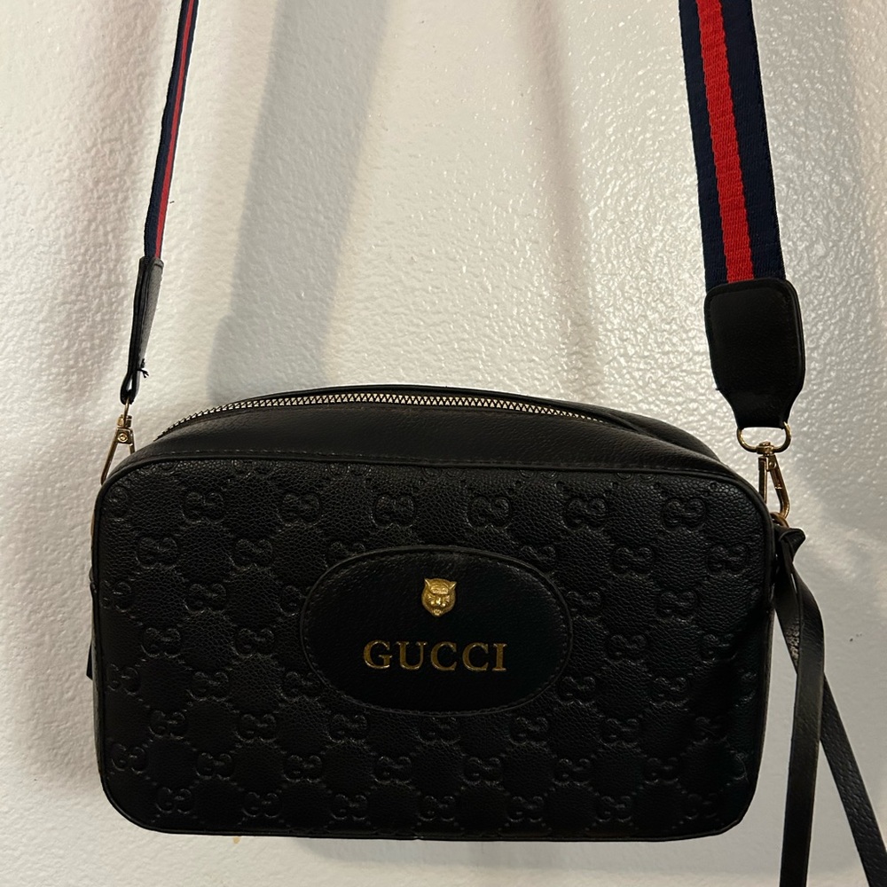 Gucci Black Crossbody Bag with Monogram and Gold Logo